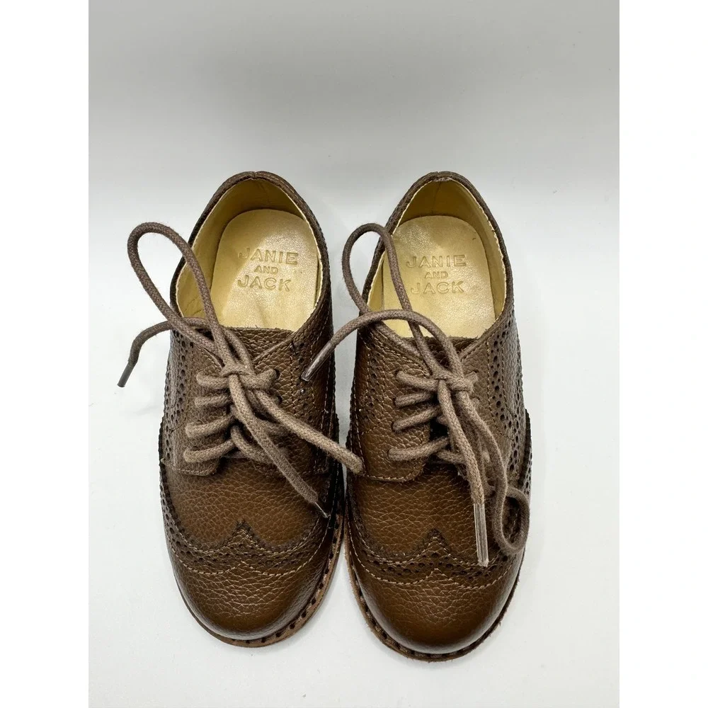 Janie and‎ Jack Kids Brown Pebbled Leather Wingtip Oxford Dress Shoes Size 8